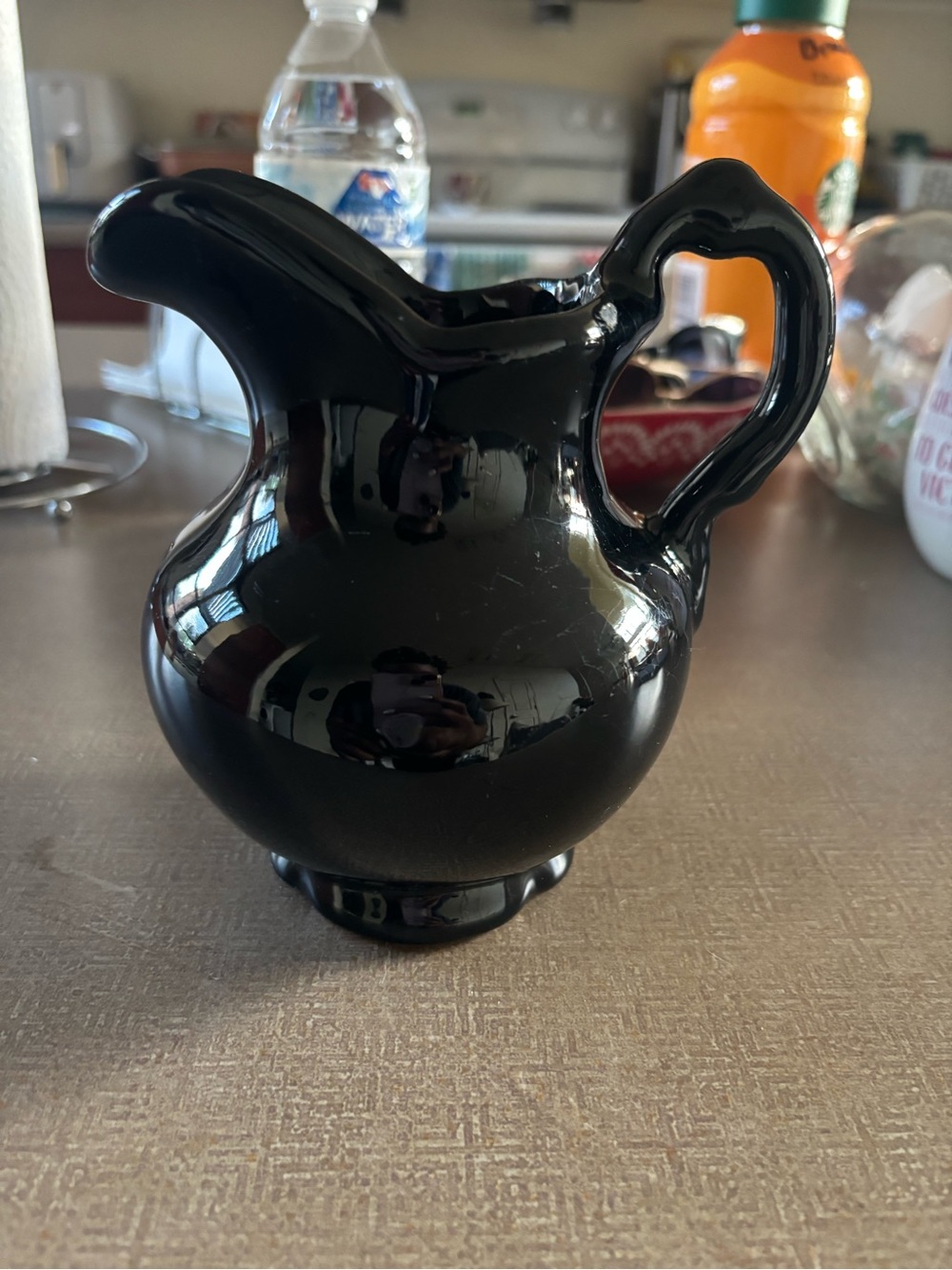 Glossy Black Glass Pitcher Vase - Decorative Home Accent